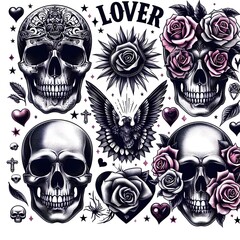 Gothic Skull Tattoo Design with Roses and Eagle