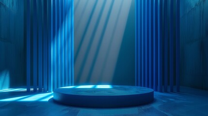 A captivating blue stage illuminated by soft rays of light, perfect for presentations, performances, or creative displays.