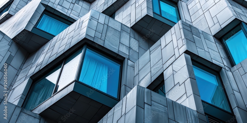 Wall mural close-up of modern architectural facade featuring geometric windows and textured concrete surfaces