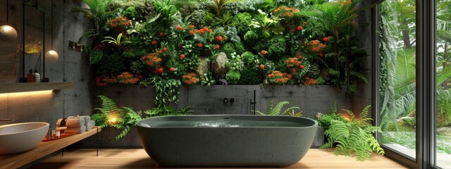 modern bathtub surround plant , wall of biophilic design.  calming interior, zen atmosphere, wellness retreat concept. eco-friendly, holistic relax. banner