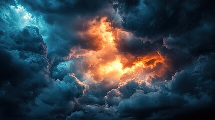 A dark, stormy sky with patches of clouds bathed in warm light, illustrating contrast between turmoil and clarity