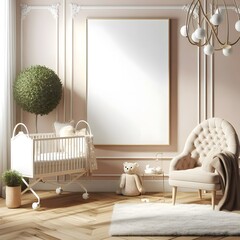 Baby Nursery Interior Design with Crib, Plush Armchair and Large Empty Canvas