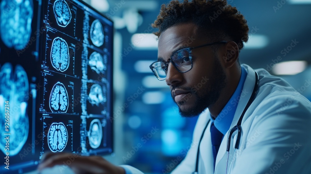 Poster a healthcare professional intently reviews detailed brain scans using advanced technology in a conte