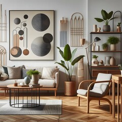 Modern living room interior design with natural elements and abstract artwork