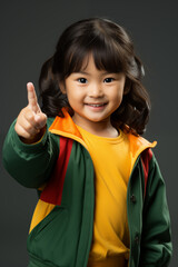 young Asian kid wearing a colorful outfit is pointing to the camera, isolated on a white isolated background