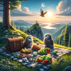 Owl Picnic on Mountaintop at Sunset