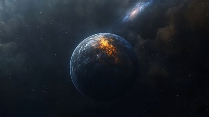 Obraz premium A breathtaking image capturing a super-Earth under a dramatic aurora with a distant galaxy visible in the sky