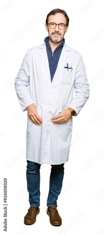 Poster Middle age therapist wearing white coat with serious expression on face. Simple and natural looking at the camera.