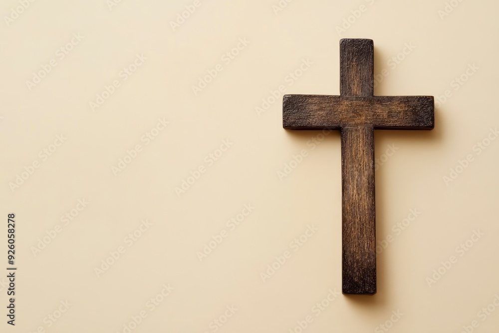 Wall mural A minimalistic image of a wooden Christian cross on a beige background , ai