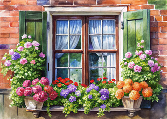 Vintage old house window decorated with flowers, watercolor painting, with flowerpots with plants, old house flower window, vintage antique window for scrapbooking and decoupage