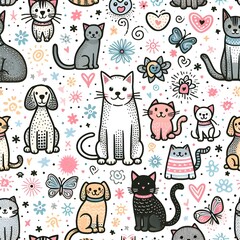 Cute Cartoon Cats, Dogs and Butterflies Seamless Pattern