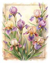Watercolor vintage card with irises flowers, holiday card Watercolor irises, watercolor irises for decoupage and scrapbooking
