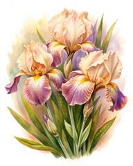 Fototapeta premium Watercolor vintage card with irises flowers, holiday card Watercolor irises, watercolor irises for decoupage and scrapbooking