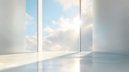 A room with a large window and a sky view of the clouds outside of it and a sun shining through the,  sun shining, window view, room with window, 