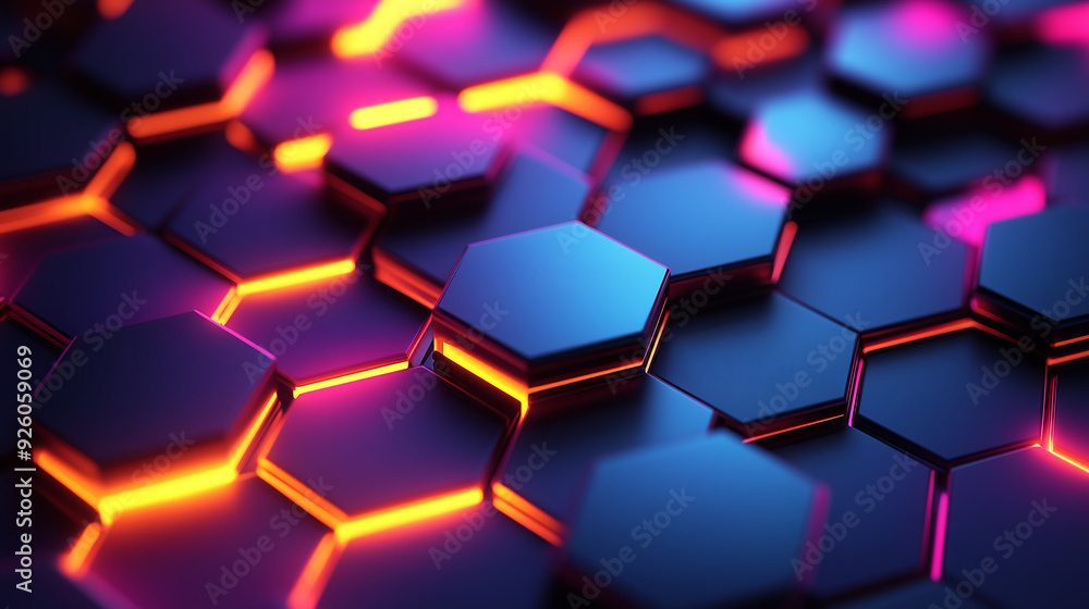 Poster futuristic geometric pattern with glowing neon hexagons creating a vibrant digital aesthetic and sha