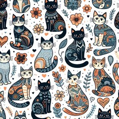 Ornate Cat Seamless Pattern with Floral Accents