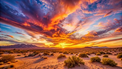 Vibrant sunset sky over a barren desert landscape, sunset, desert, landscape, sky, colors, vibrant, horizon, remote