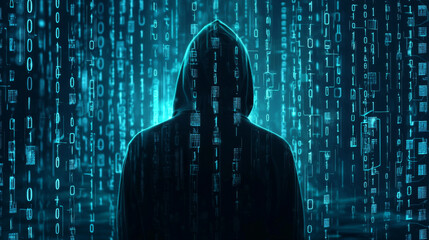 A man is standing in front of a computer screen with a hood over his head