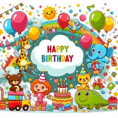 Obraz premium Happy Birthday Celebration with Cartoon Animals and Balloons