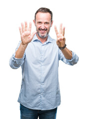 Naklejka premium Middle age hoary senior business man over isolated background showing and pointing up with fingers number eight while smiling confident and happy.