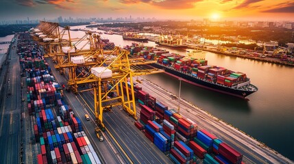 Global business logistics import export of containers cargo freight ship loading at port by crane, container transport, cargo plane, truck to port background. Generative ai