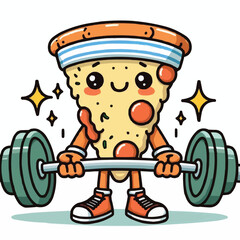 Illustration of a pizza food character mascot doing weightlifting exercises