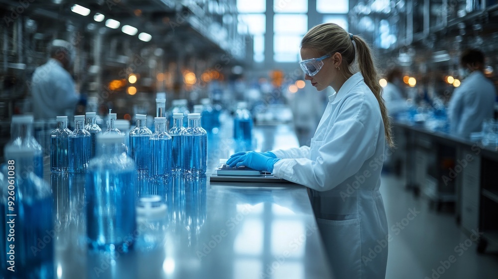 Aufkleber A dedicated scientist in a laboratory focuses intently on notes while colorful liquids are meticulously arranged around her