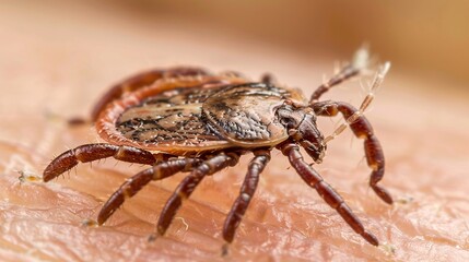 Close-up of tick embedded in skin, highlighting its features