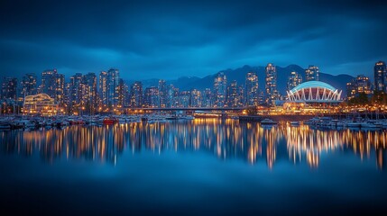Vancouver urban vista at night, glowing towers reflected in False Creek, illuminated Lions Gate Bridge, steam clock in Gastown, B