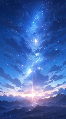 Enchanting Anime-Style Starry Sky Art: A Fantasy Anime Wallpaper Background with Dreamy Skies and Falling Stars, Perfect for Digital Art and 4K Gaming Concept Illustrations,anime style