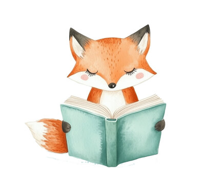 Fox cub reading a book. Cute watercolor illustration for nursery print. Pastel colors fashion fox, cozy mood, illustration for nursery decor. World Book PNG