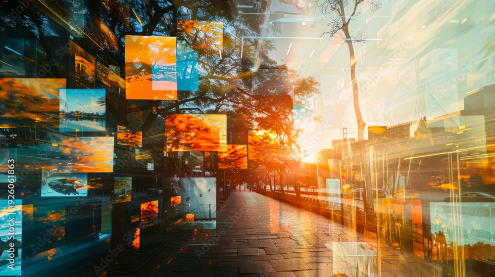 Poster close-up of a digital virtual screen with many different paintings and small screens against a sunse