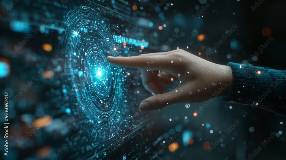 Aufkleber A hand reaches out to a luminous digital interface, exploring intricate patterns and glowing connections in a dark, mysterious setting