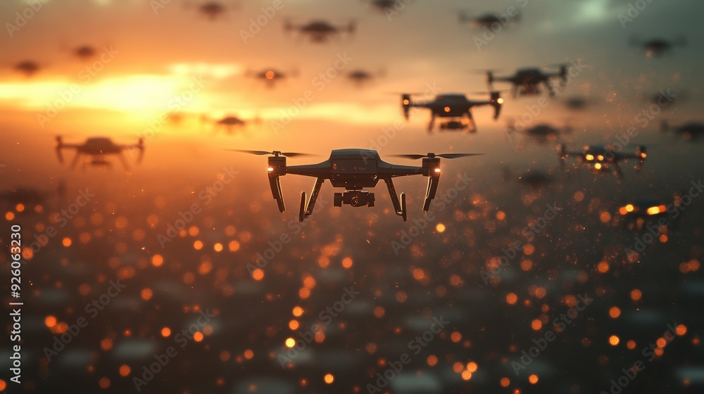 Poster drone swarm creating intricate patterns in the sky, symbolizing precision and coordination, with cop