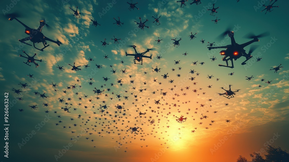 Poster a hyper-realistic ai-powered drone swarm creating intricate patterns in the sky, symbolizing precisi