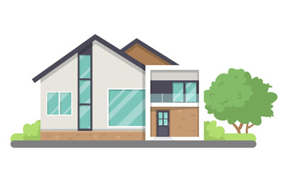 Illustration of a modern house featuring large windows, a garden, and clean architectural lines. The house is set against a white background. Concept of residential architecture. Vector illustration