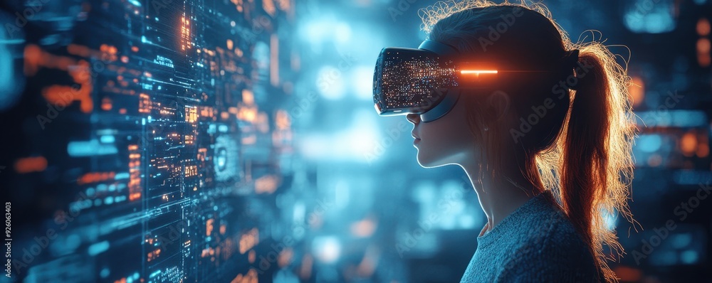 Poster virtual reality environment with interactive elements responding to user input, symbolizing immersiv