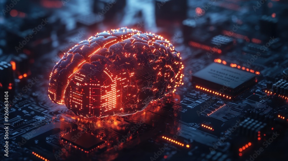 Poster a hyper-realistic glowing ai-powered chip integrated into a human brain, symbolizing the merging of 