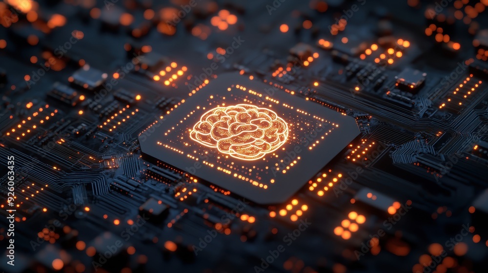 Poster a glowing circuit board with an ai-powered brain at its center, symbolizing the core of intelligent 