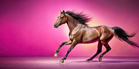 Dynamic galloping horse on pink background, horse, galloping, dynamic, motion, movement, pink, vibrant, energetic, powerful, animal