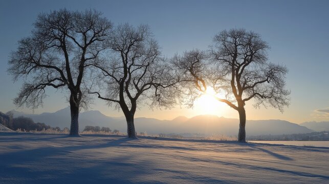 Plane trees in winter under low sun, Rapperswil