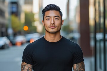 Naklejka premium A young man in a black t-shirt stands in a city. Perfect for social media, marketing, or fashion websites.