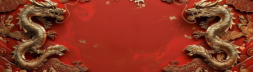 Fototapeta premium Ornate Oriental Frame with Golden Dragons and Red Lacquer Aesthetic