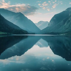 Majestic Reflections Adorn Tranquil Mountain Lake at Twilight