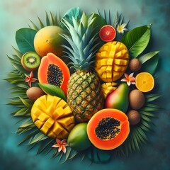 Tropical Fruit Abundance on Green Leaves