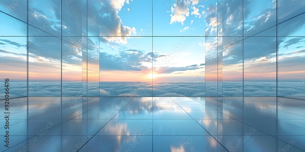Poster mirrored backdrop for luxurious product presentation with serene sky reflection