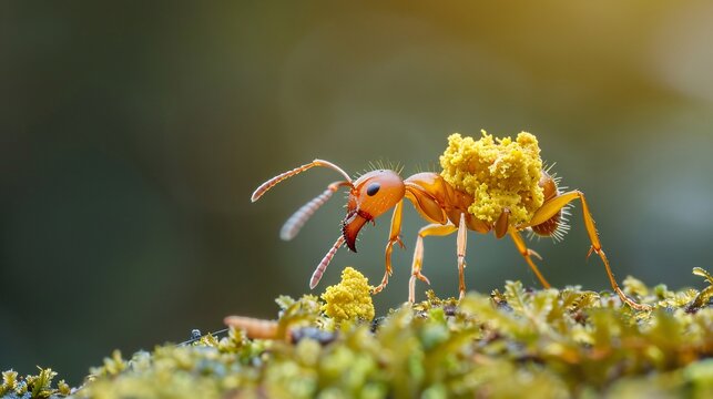 Macro photograph of ant carrying food back to its colony