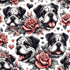 Bulldog and Roses Seamless Pattern
