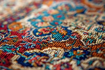 Fototapeta premium Detail of a colorful handmade carpet. Close-up. Selective focus.