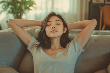 Naklejka premium Relaxed young Asian woman on a sofa at home, casual attire, eyes closed with a peaceful expression, hands behind her head, in a calm and cozy living room, depicted in photorealistic style.
